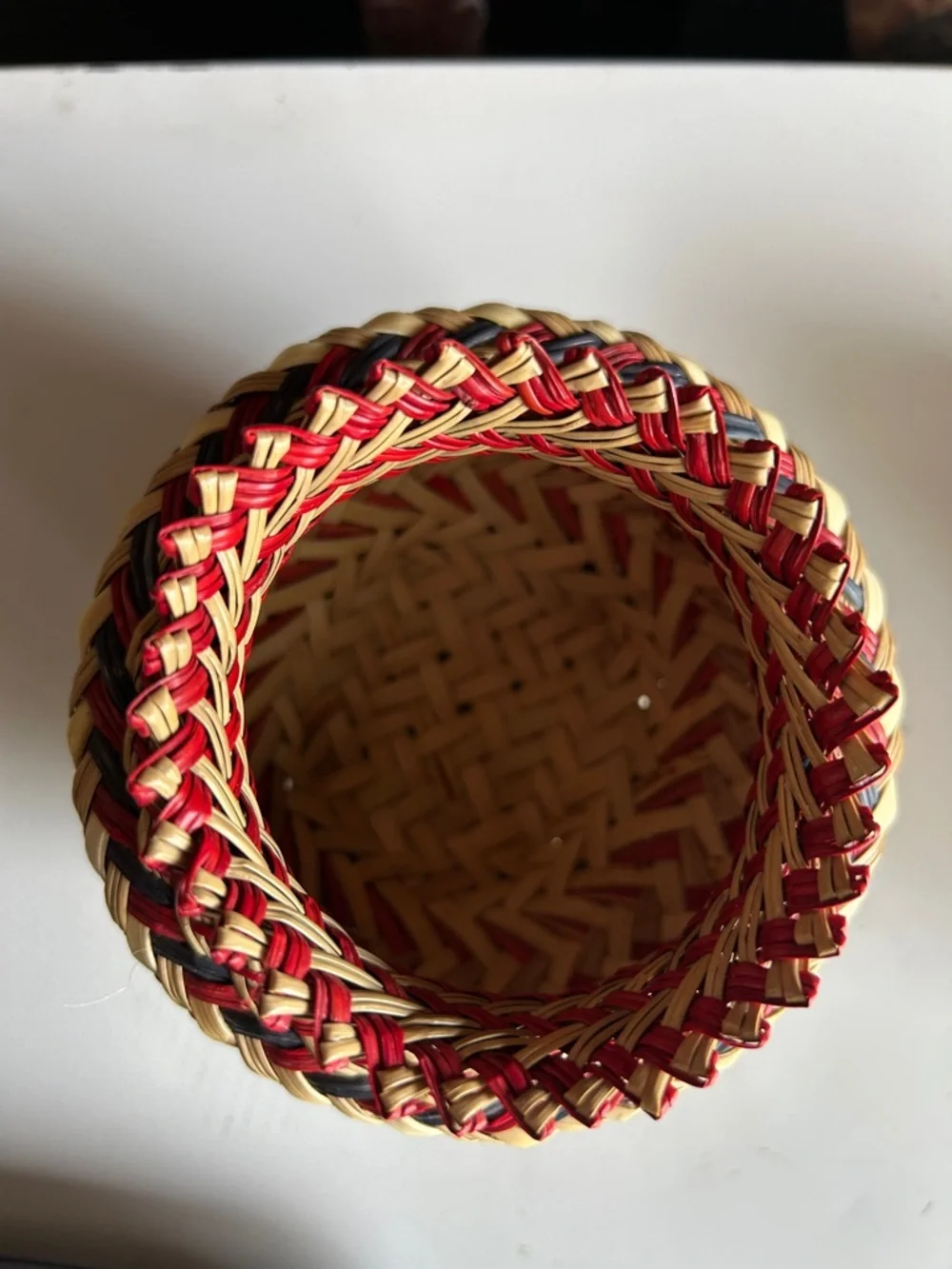 Handwoven Mini Decorative Basket Red & Natural Geometric Woven Bowl